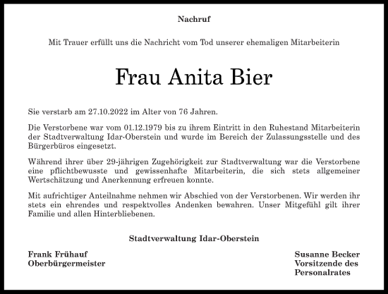 Traueranzeige von Anita Bier von Nahe-Zeitung