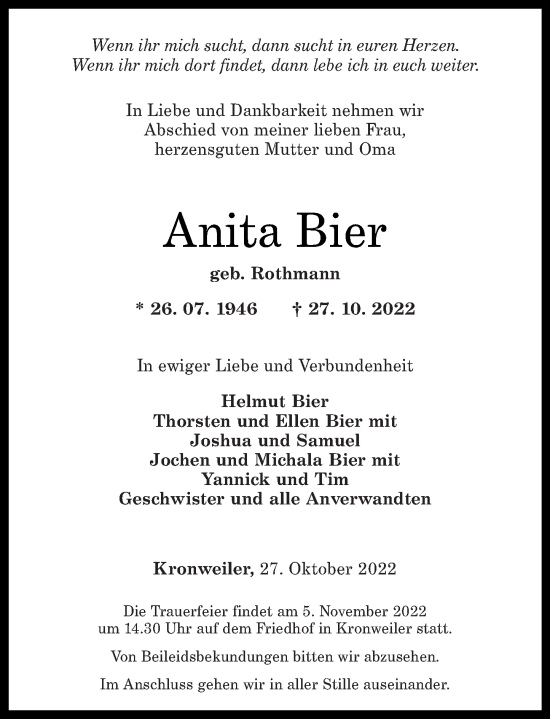 Traueranzeige von Anita Bier von Nahe-Zeitung