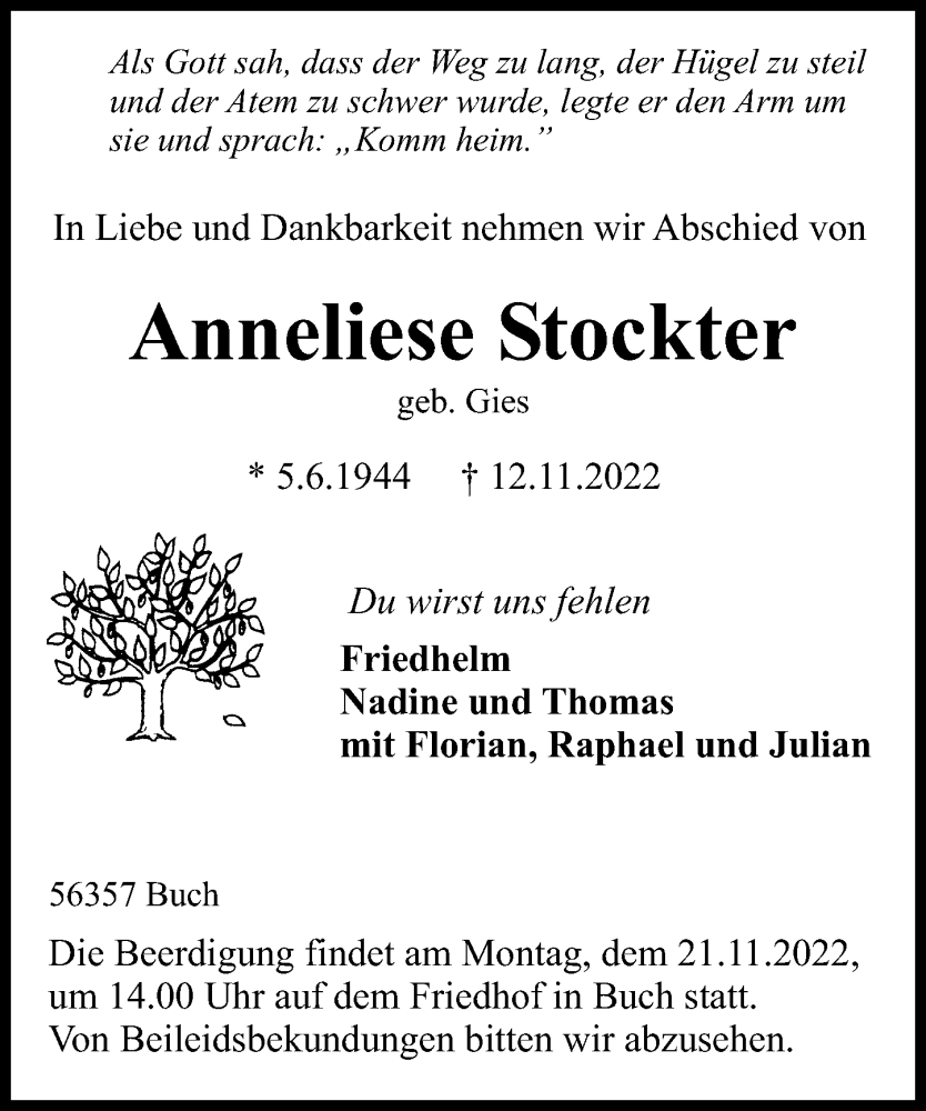  Traueranzeige für Anneliese Stockter vom 19.11.2022 aus Rhein-Lahn-Zeitung