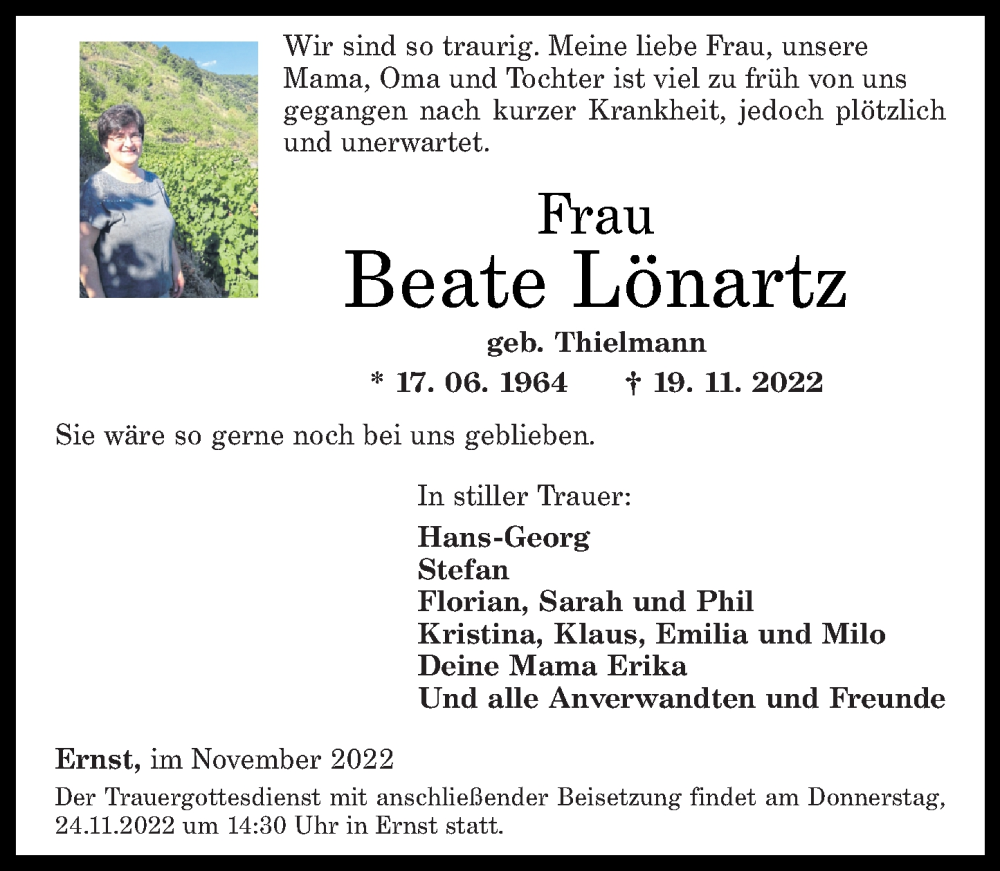  Traueranzeige für Beate Lönartz vom 22.11.2022 aus Rhein-Zeitung