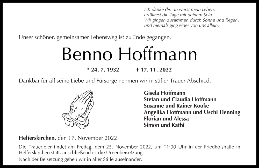  Traueranzeige für Benno Hoffmann vom 22.11.2022 aus Westerwälder Zeitung