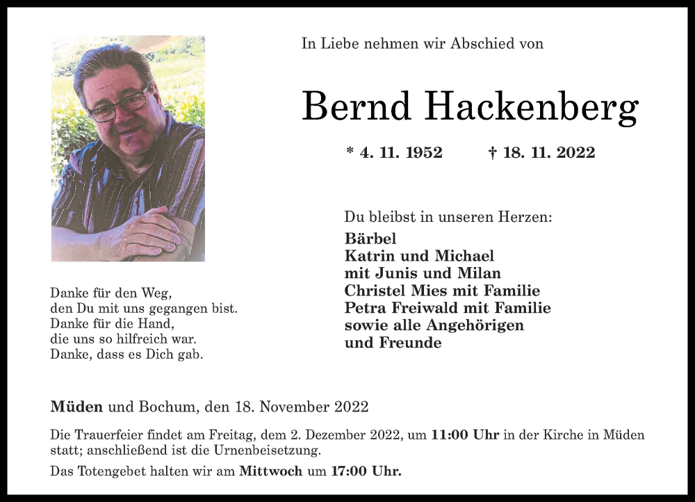  Traueranzeige für Bernd Hackenberg vom 23.11.2022 aus Rhein-Zeitung