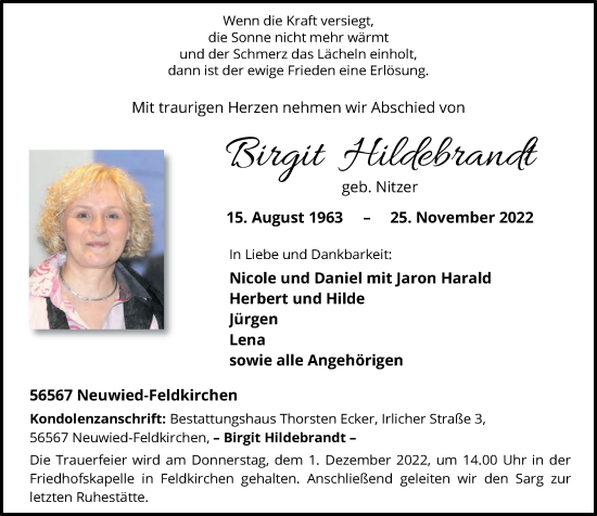 Traueranzeige von Birgit Hildebrandt von Rhein-Zeitung