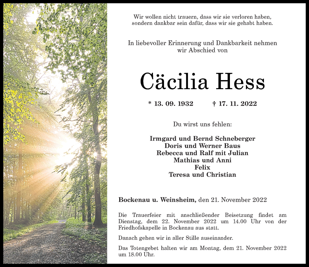  Traueranzeige für Cäcilia Hess vom 21.11.2022 aus Oeffentlicher Anzeiger