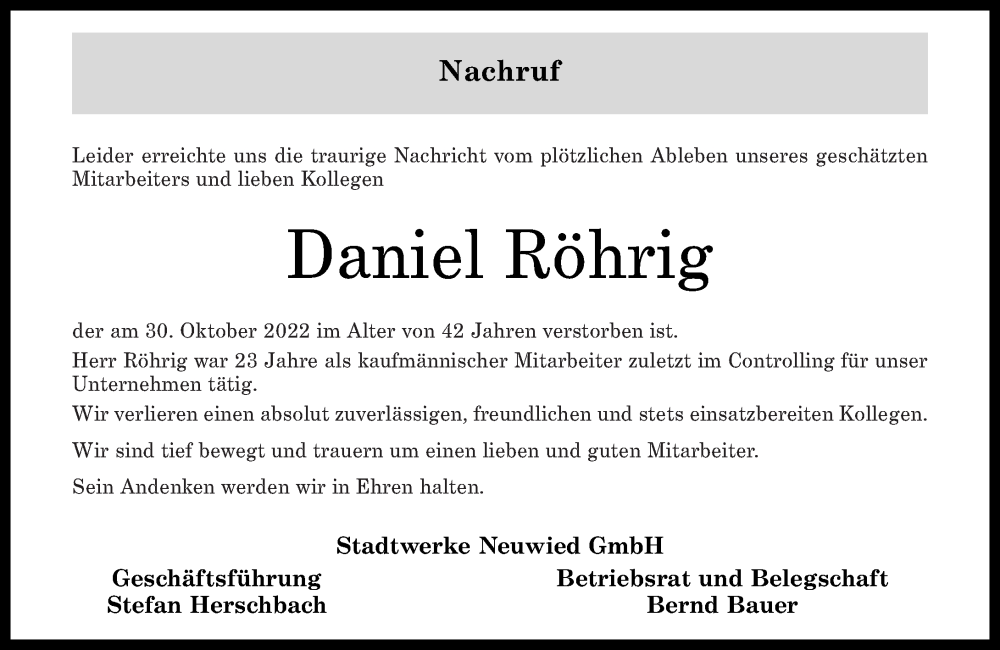  Traueranzeige für Daniel Röhrig vom 25.11.2022 aus Rhein-Zeitung