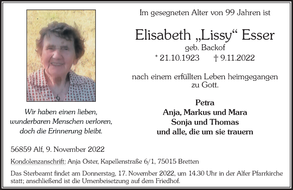  Traueranzeige für Elisabeth Esser vom 12.11.2022 aus Rhein-Zeitung