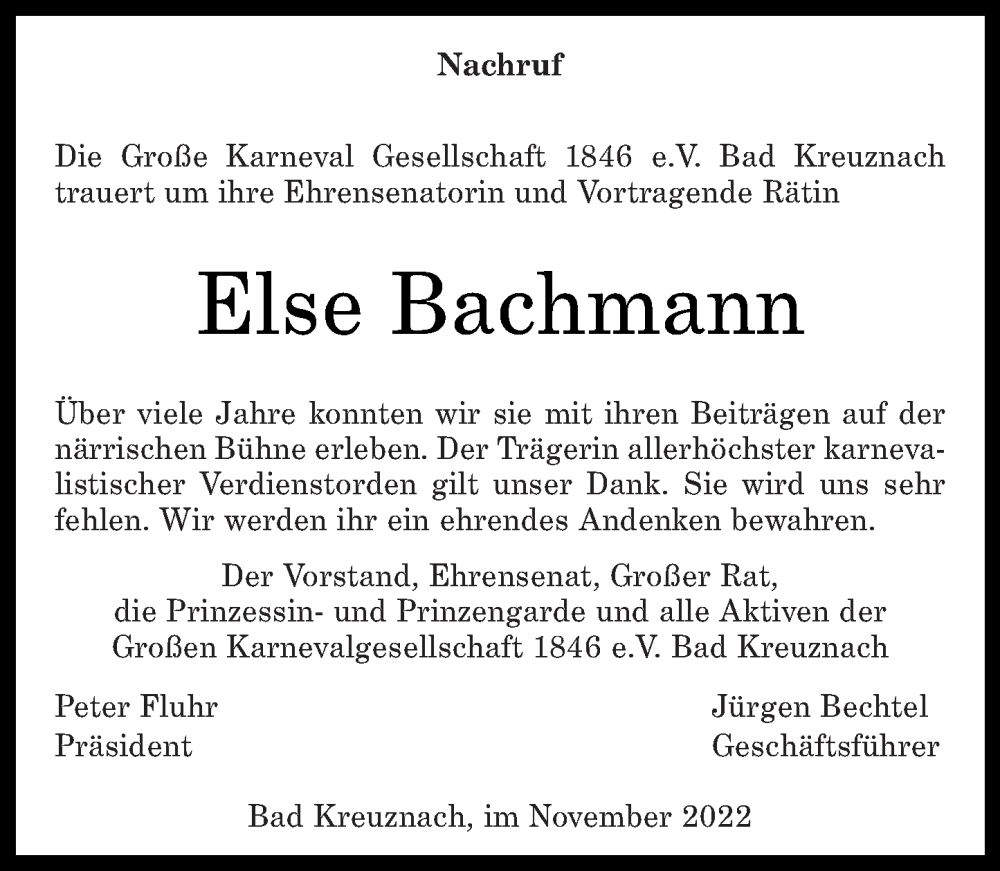  Traueranzeige für Else Bachmann vom 19.11.2022 aus Oeffentlicher Anzeiger