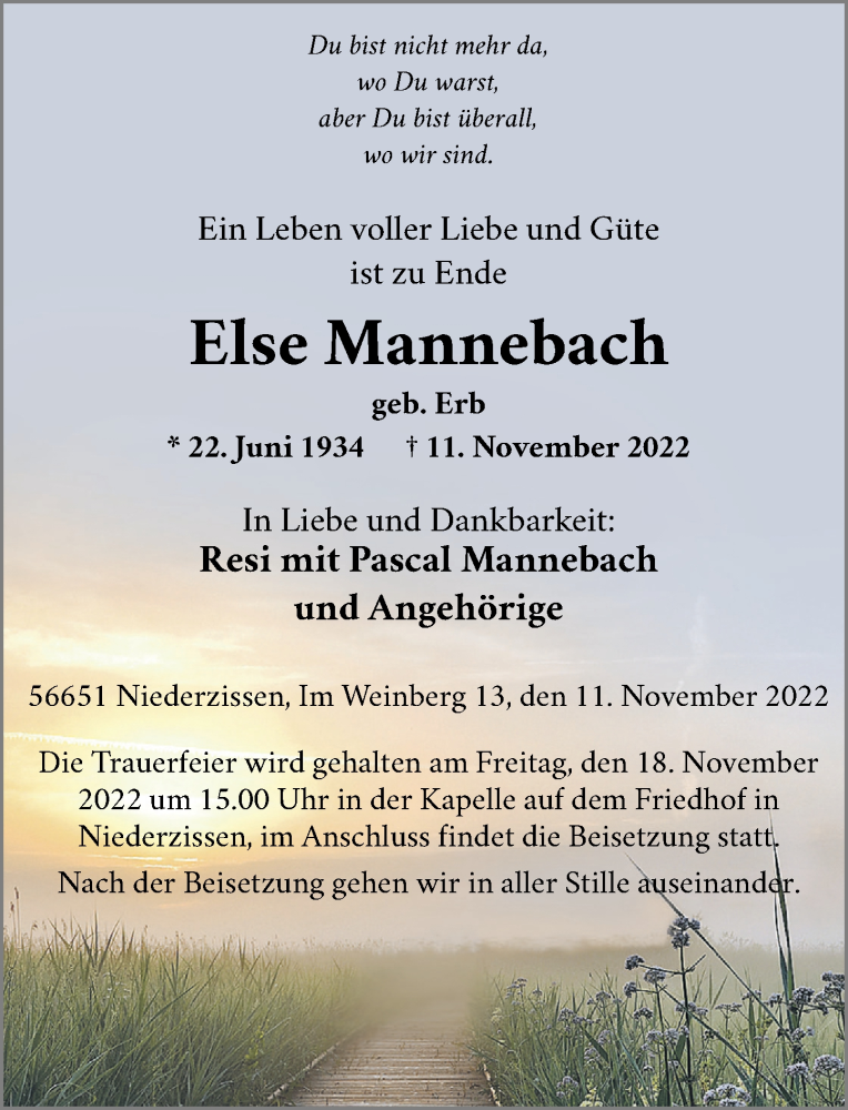  Traueranzeige für Else Mannebach vom 16.11.2022 aus Rhein-Zeitung