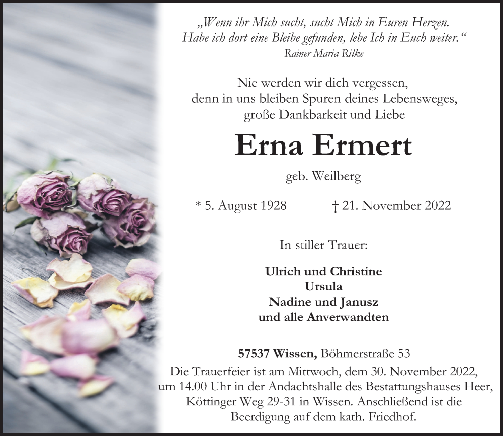  Traueranzeige für Erna Ermert vom 25.11.2022 aus Rhein-Zeitung