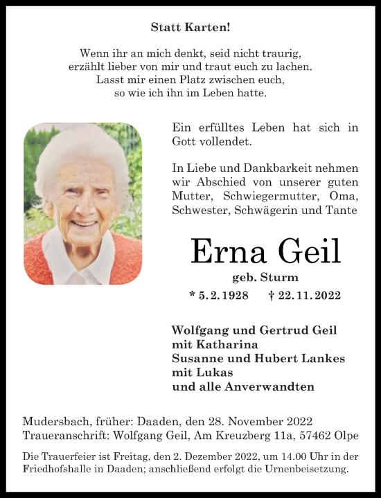 Traueranzeige von Erna Geil von Rhein-Zeitung