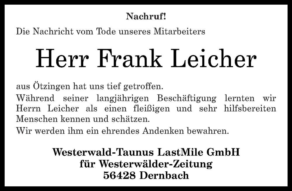  Traueranzeige für Frank Leicher vom 24.11.2022 aus Westerwälder Zeitung