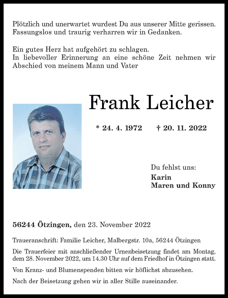  Traueranzeige für Frank Leicher vom 23.11.2022 aus Westerwälder Zeitung