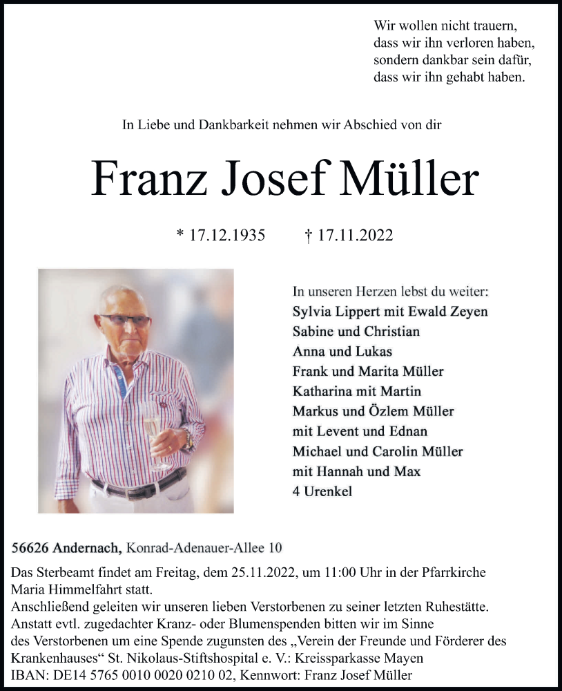  Traueranzeige für Franz Josef Müller vom 19.11.2022 aus Rhein-Zeitung