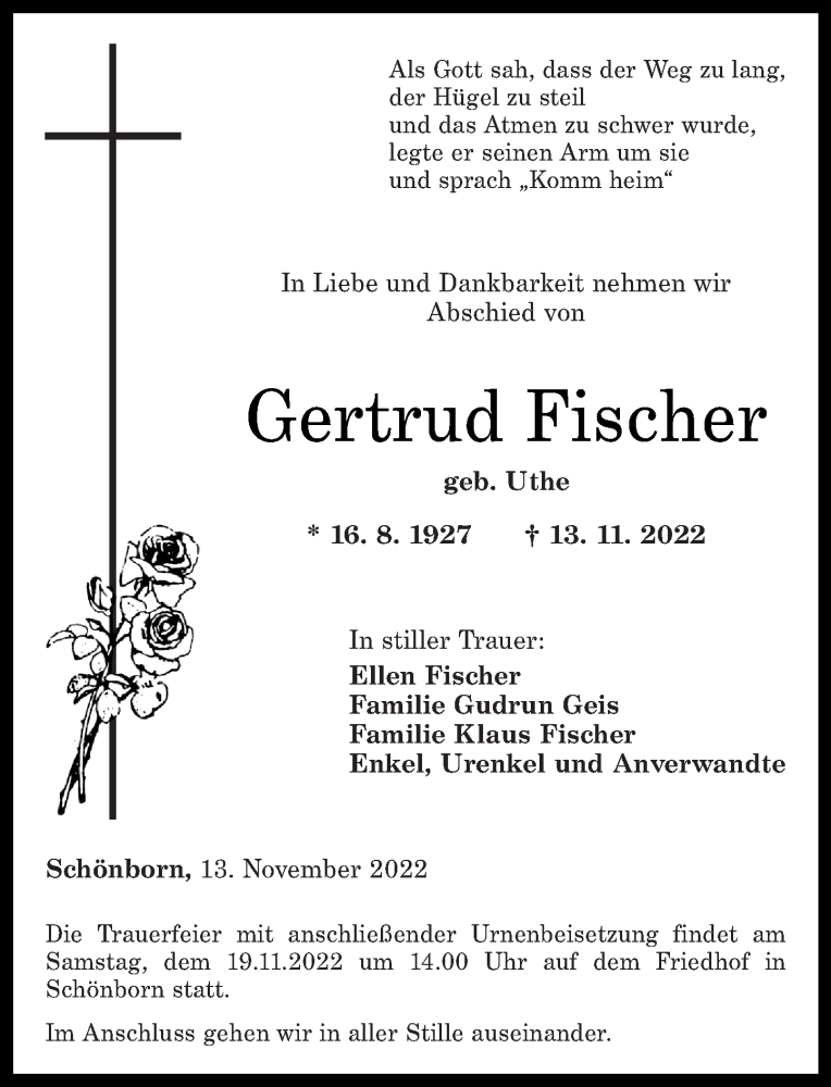  Traueranzeige für Gertrud Fischer vom 17.11.2022 aus Rhein-Lahn-Zeitung