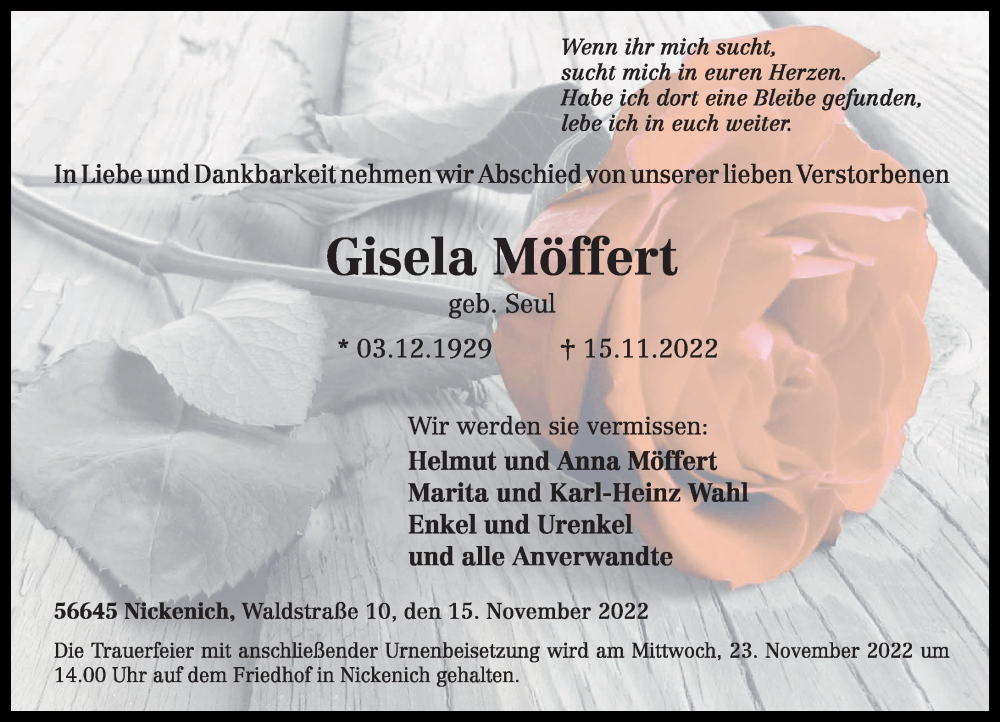  Traueranzeige für Gisela Möffert vom 19.11.2022 aus Rhein-Zeitung