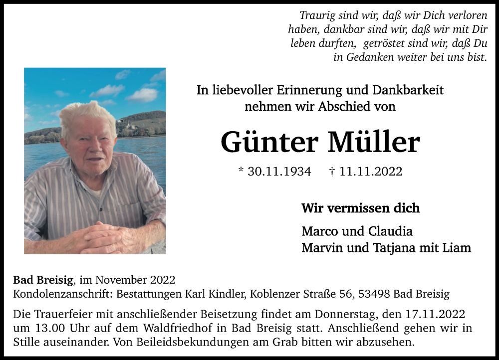  Traueranzeige für Günter Müller vom 15.11.2022 aus Rhein-Zeitung