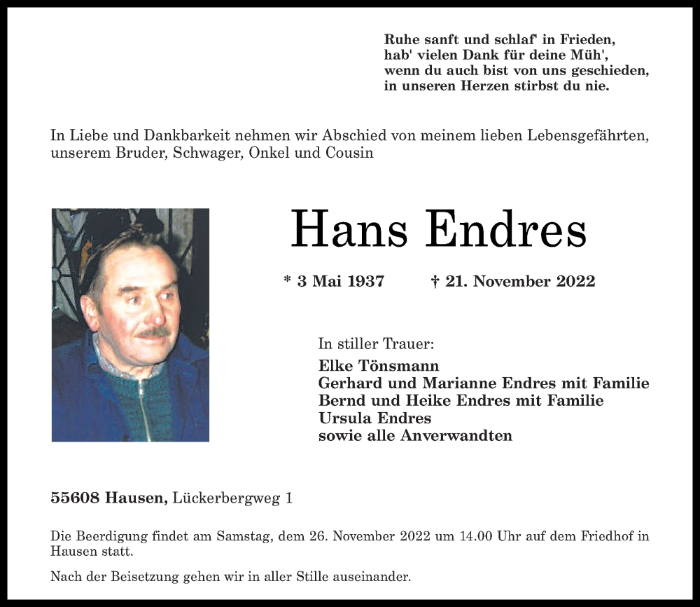  Traueranzeige für Hans Endres vom 23.11.2022 aus Nahe-Zeitung