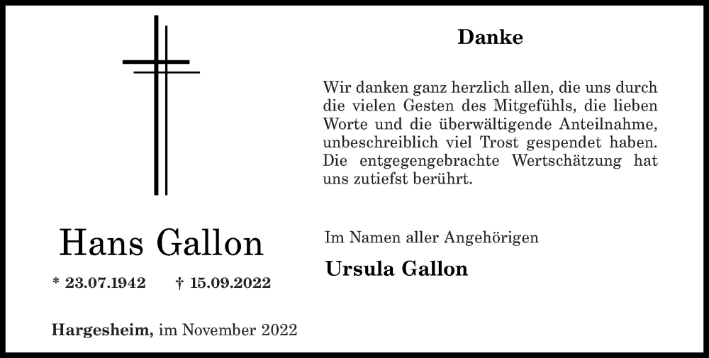  Traueranzeige für Hans Gallon vom 25.11.2022 aus Oeffentlicher Anzeiger