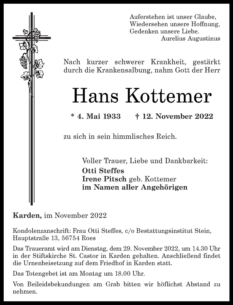  Traueranzeige für Hans Kottemer vom 19.11.2022 aus Rhein-Zeitung