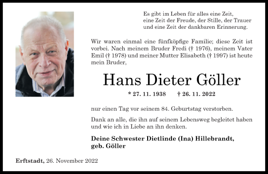 Traueranzeige von Hans Dieter Göller von Rhein-Zeitung