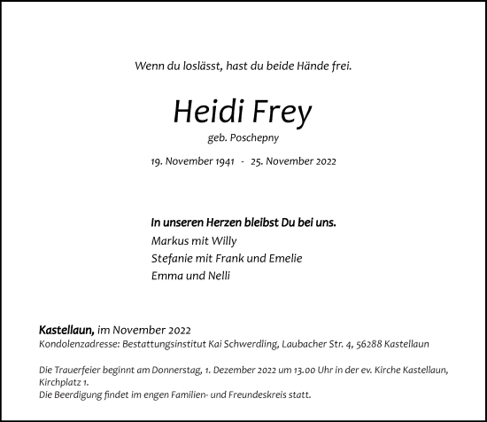 Traueranzeige von Heidi Frey von Rhein-Hunsrück-Zeitung