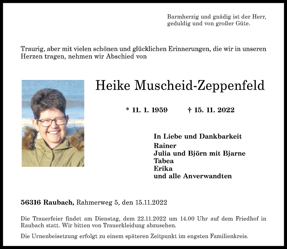  Traueranzeige für Heike Muscheid-Zeppenfeld vom 19.11.2022 aus Rhein-Zeitung