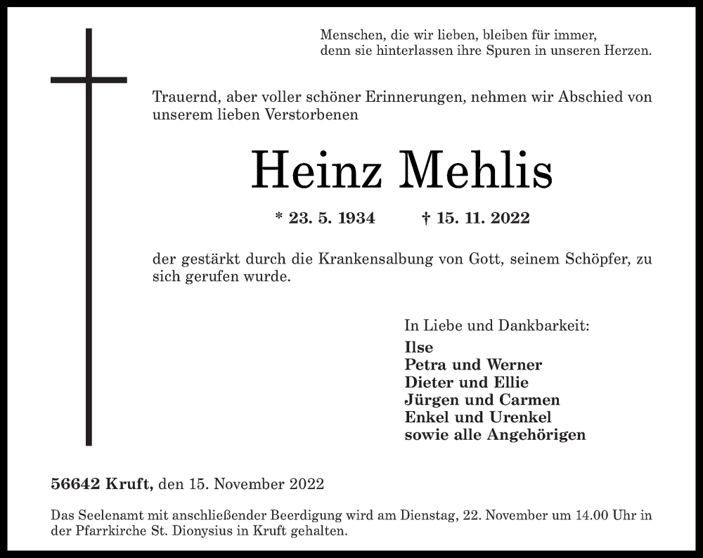  Traueranzeige für Heinz Mehlis vom 19.11.2022 aus Rhein-Zeitung