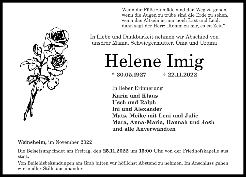 Traueranzeige für Helene Imig vom 24.11.2022 aus Oeffentlicher Anzeiger