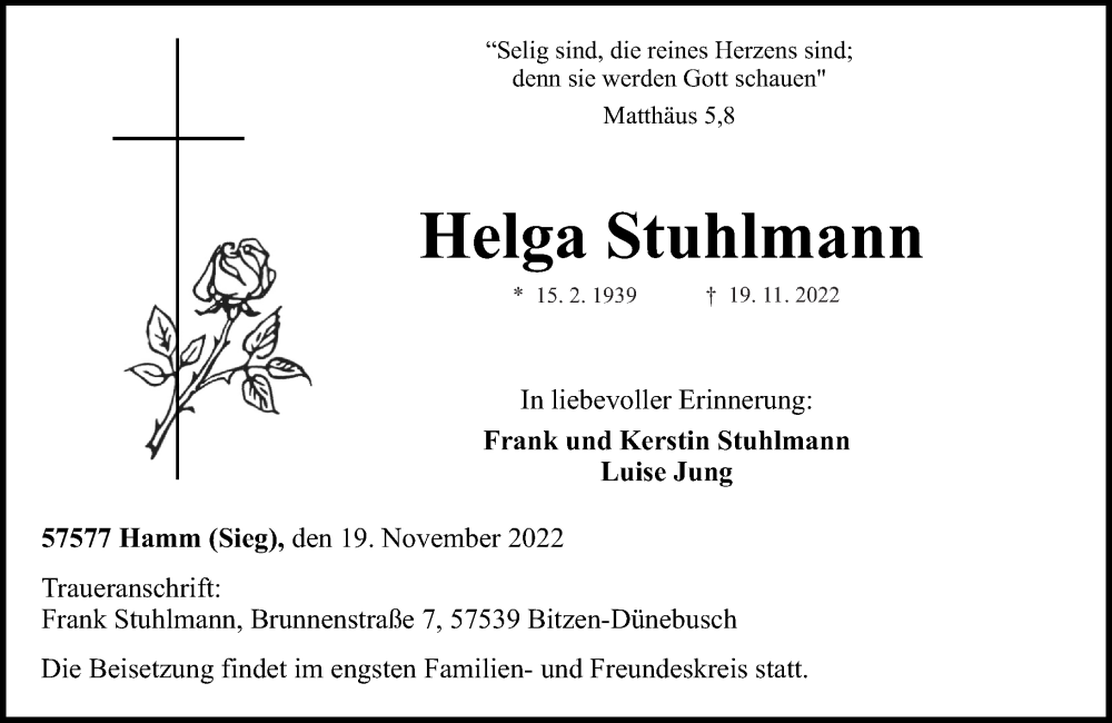  Traueranzeige für Helga Stuhlmann vom 25.11.2022 aus Rhein-Zeitung