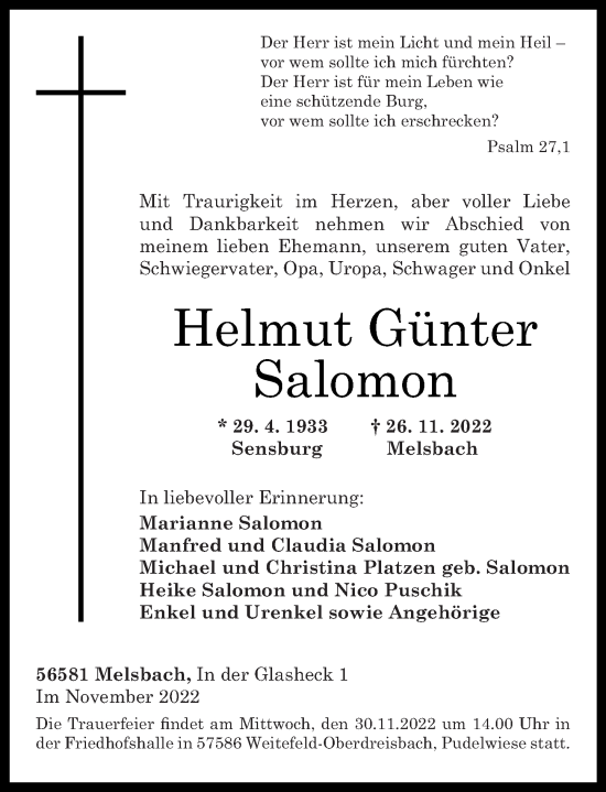 Traueranzeige von Helmut Günter Salomon von Rhein-Zeitung