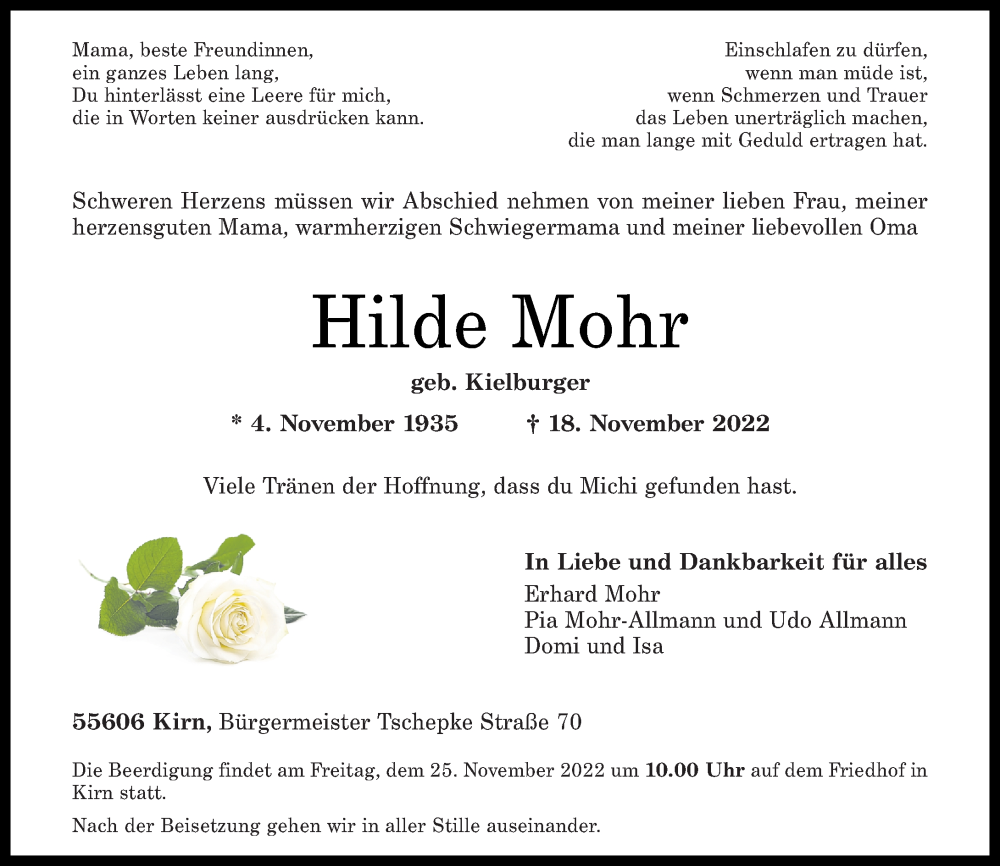 Traueranzeige für Hilde Mohr vom 22.11.2022 aus Oeffentlicher Anzeiger, Nahe-Zeitung