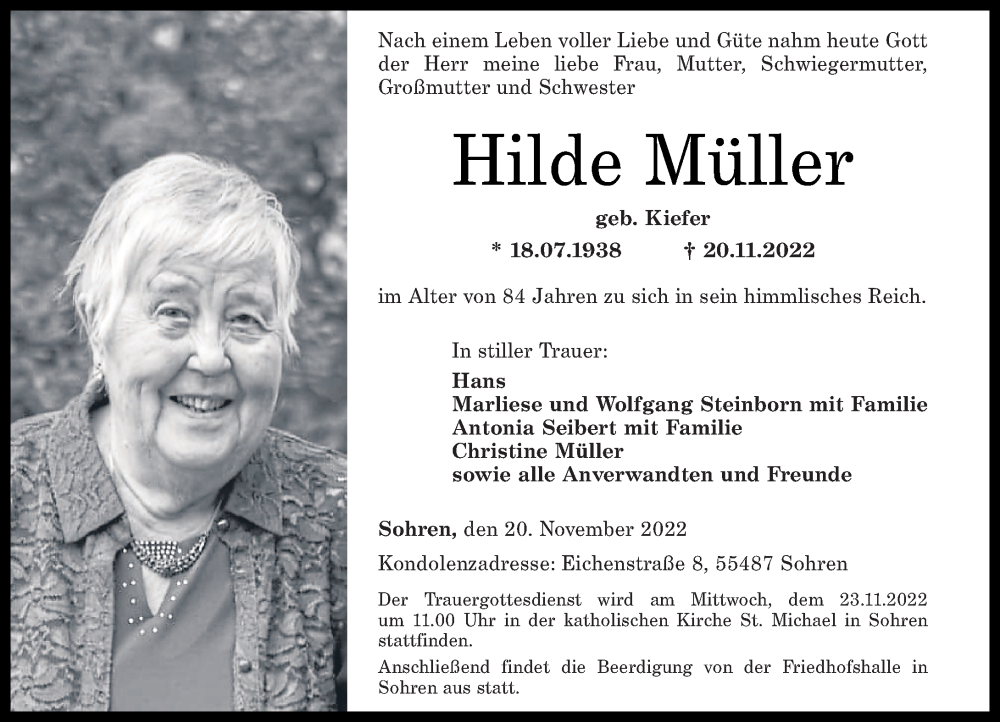  Traueranzeige für Hilde Müller vom 22.11.2022 aus Rhein-Hunsrück-Zeitung