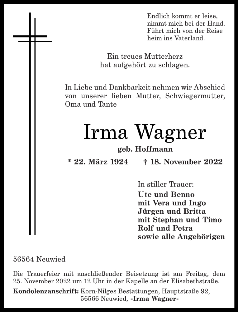  Traueranzeige für Irma Wagner vom 23.11.2022 aus Rhein-Zeitung