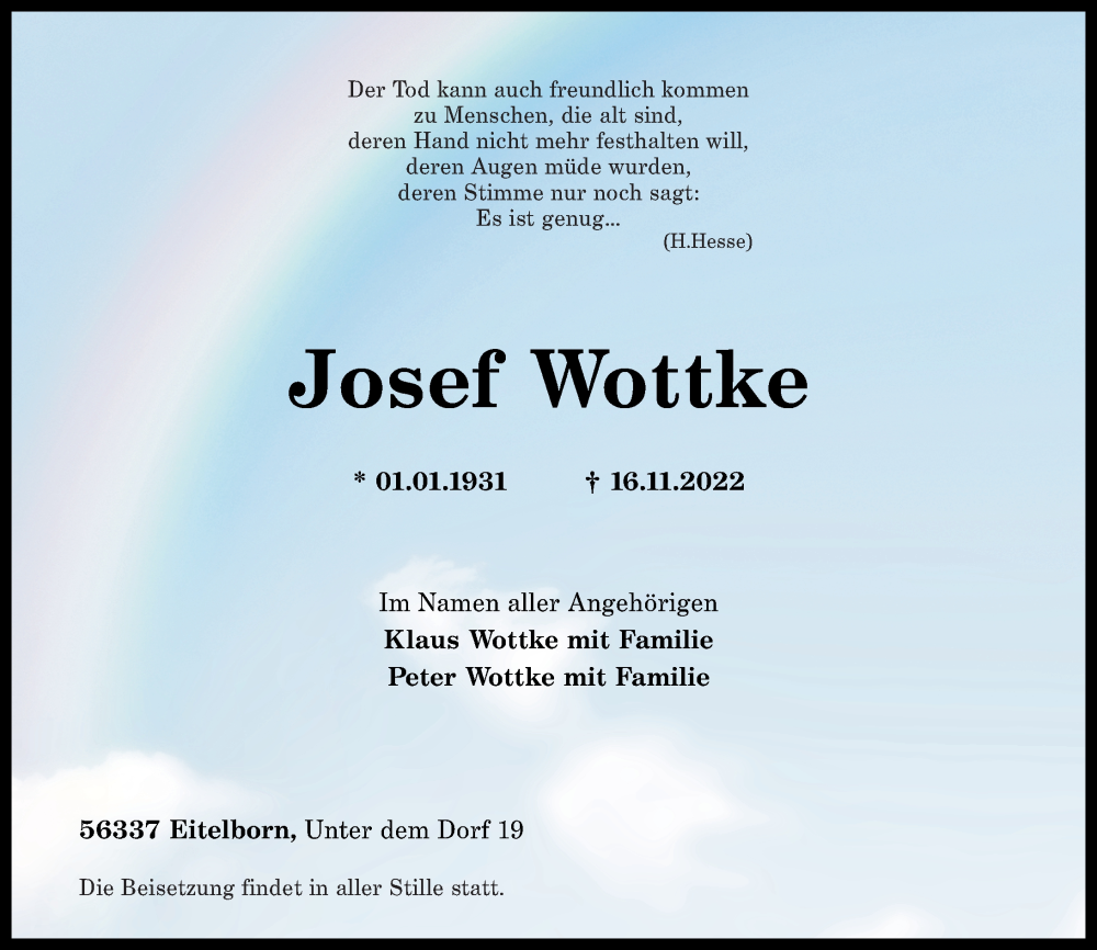  Traueranzeige für Josef Wottke vom 19.11.2022 aus Rhein-Zeitung