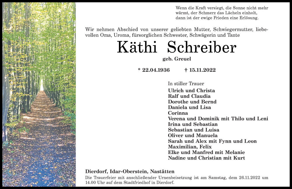  Traueranzeige für Käthi Schreiber vom 19.11.2022 aus Rhein-Zeitung