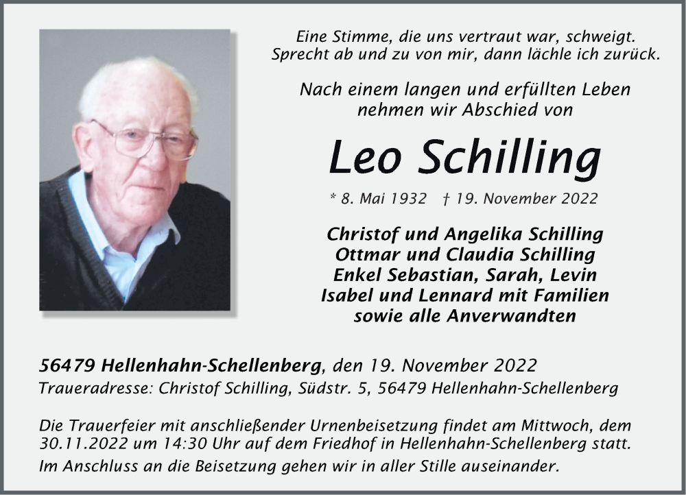  Traueranzeige für Leo Schilling vom 26.11.2022 aus Westerwälder Zeitung