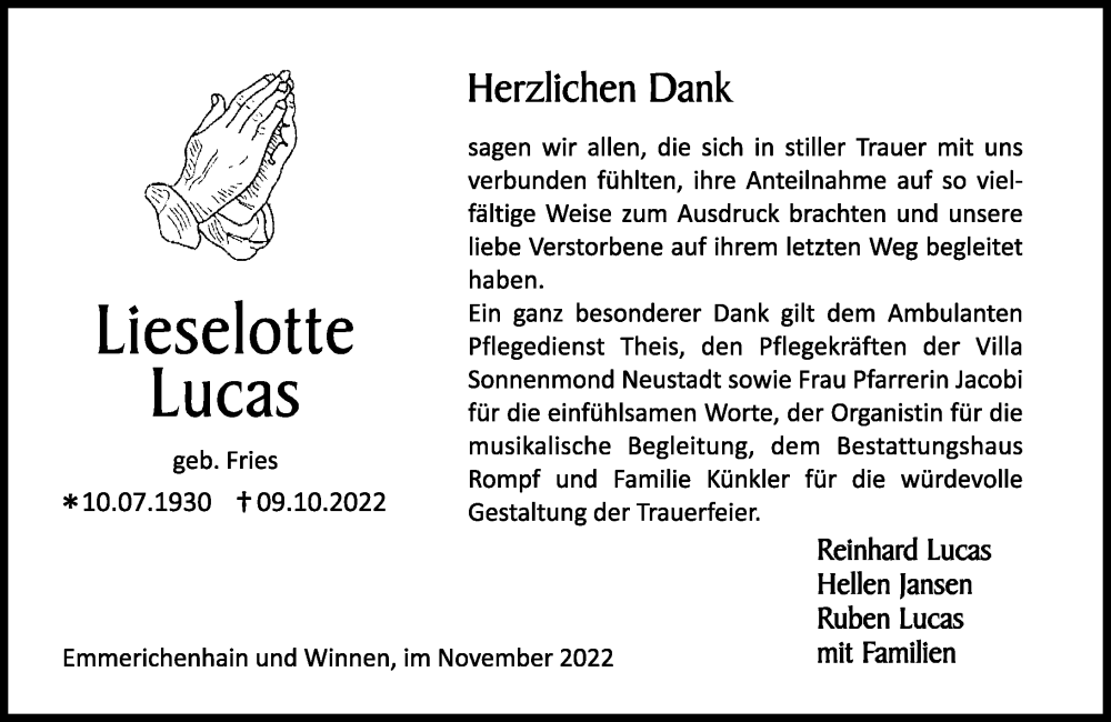  Traueranzeige für Lieselotte Lucas vom 25.11.2022 aus Westerwälder Zeitung