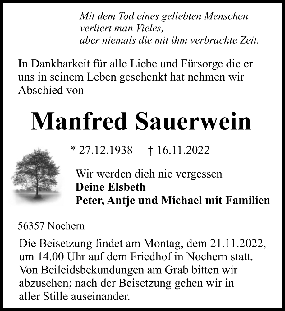  Traueranzeige für Manfred Sauerwein vom 19.11.2022 aus Rhein-Lahn-Zeitung