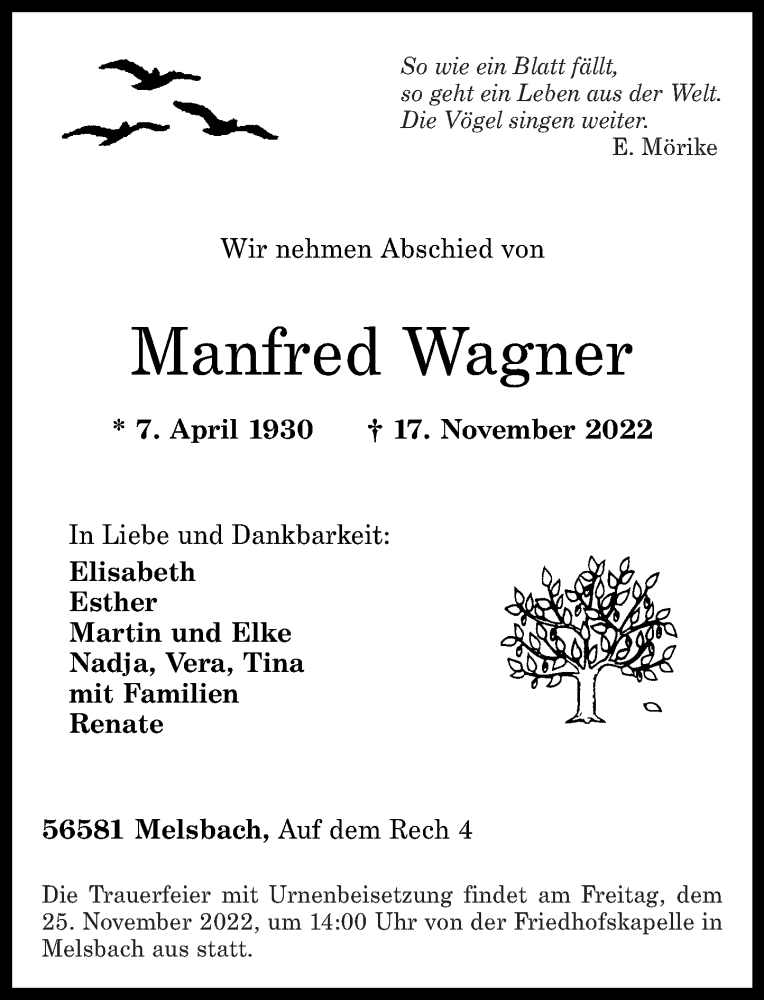  Traueranzeige für Manfred Wagner vom 23.11.2022 aus Rhein-Zeitung