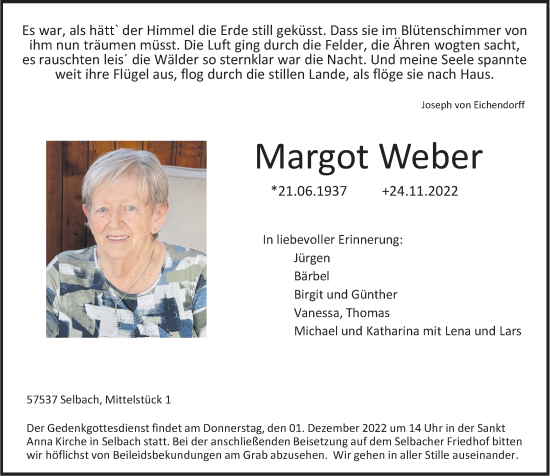 Traueranzeige von Margot Weber von Rhein-Zeitung