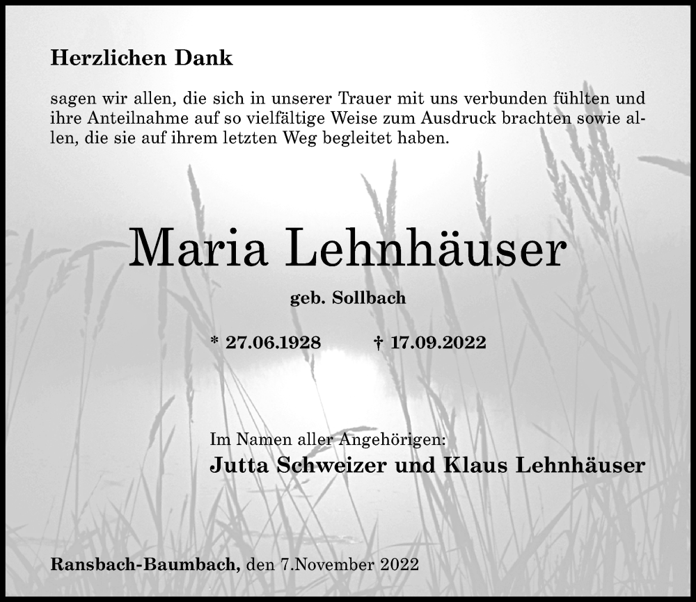  Traueranzeige für Maria Lehnhäuser vom 12.11.2022 aus Westerwälder Zeitung