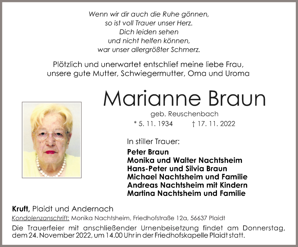  Traueranzeige für Marianne Braun vom 19.11.2022 aus Rhein-Zeitung