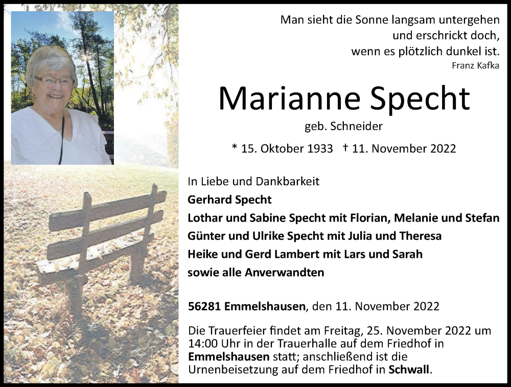  Traueranzeige für Marianne Specht vom 19.11.2022 aus Rhein-Hunsrück-Zeitung