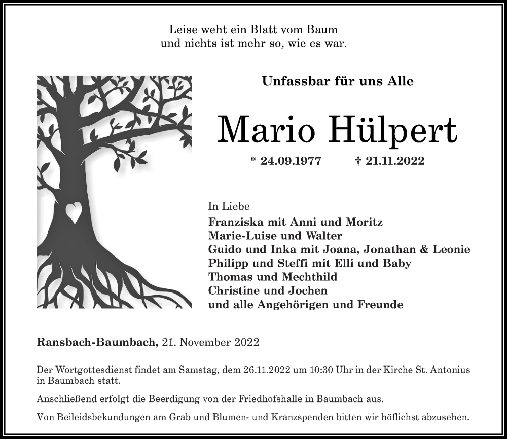 Traueranzeige für Mario Hülpert vom 24.11.2022 aus Rhein-Zeitung, Westerwälder Zeitung