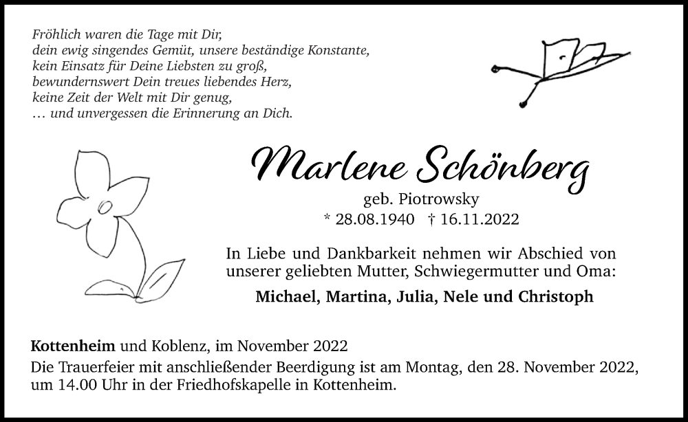 Traueranzeige für Marlene Schönberg vom 23.11.2022 aus Rhein-Zeitung
