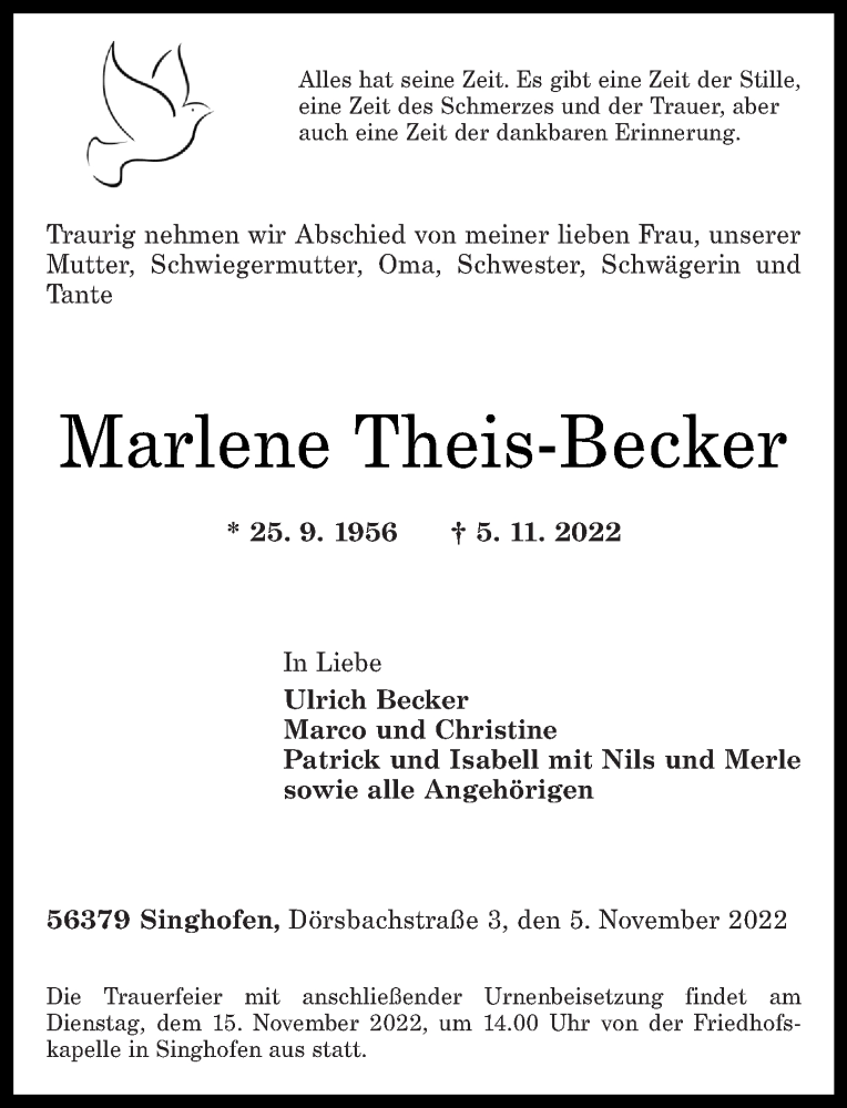  Traueranzeige für Marlene Theis-Becker vom 09.11.2022 aus Rhein-Lahn-Zeitung