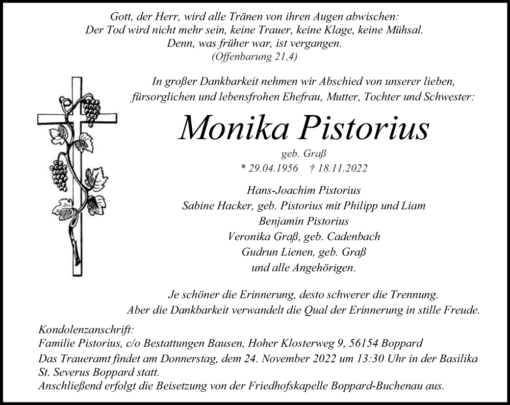  Traueranzeige für Monika Pistorius vom 23.11.2022 aus Rhein-Hunsrück-Zeitung