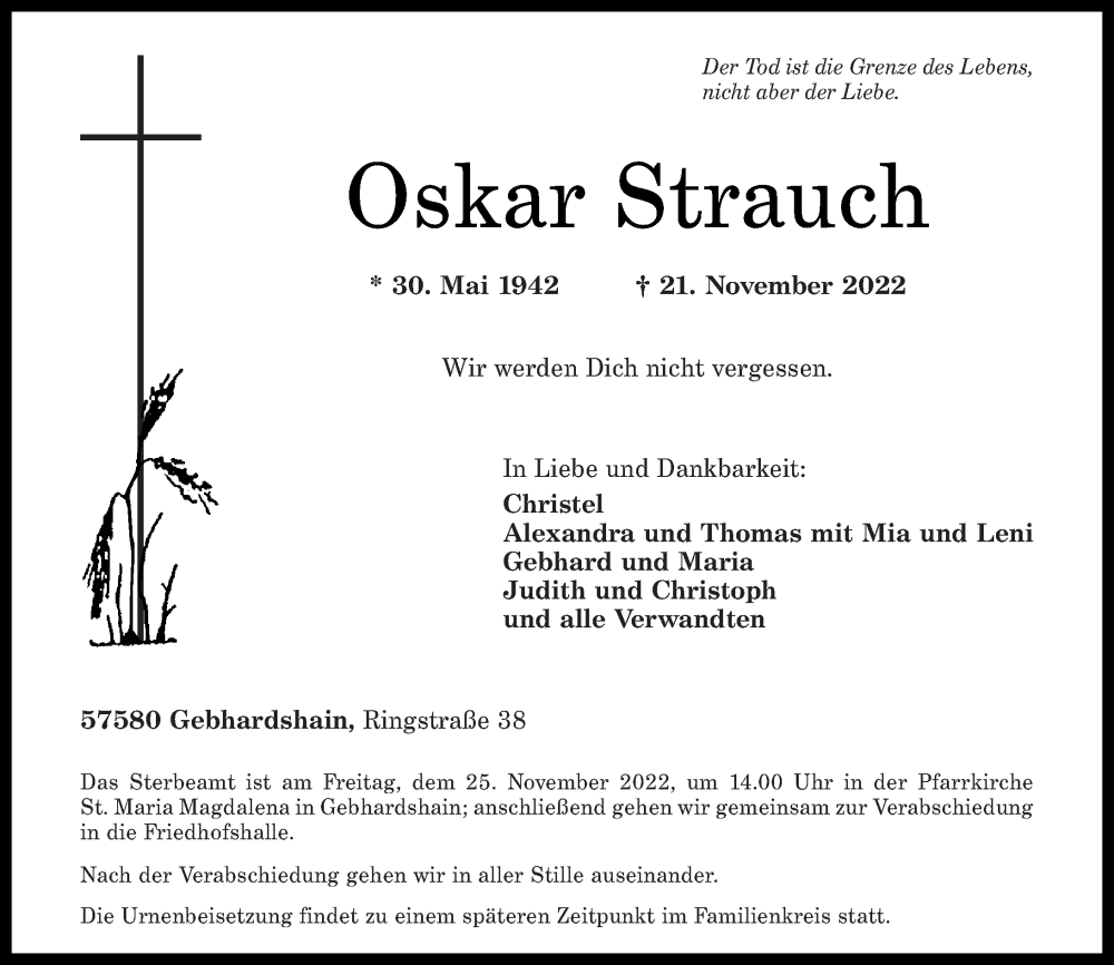  Traueranzeige für Oskar Strauch vom 24.11.2022 aus Rhein-Zeitung