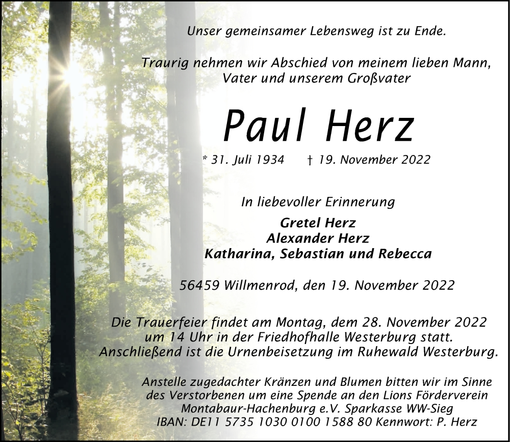  Traueranzeige für Paul Herz vom 23.11.2022 aus Westerwälder Zeitung