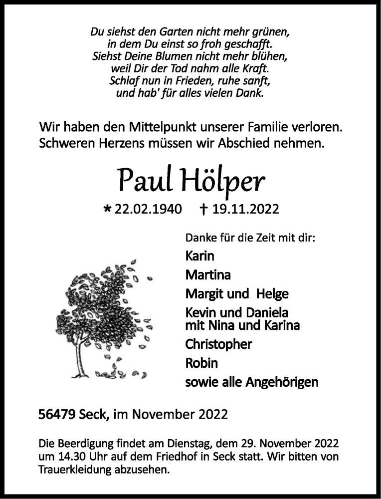  Traueranzeige für Paul Hölper vom 25.11.2022 aus Westerwälder Zeitung